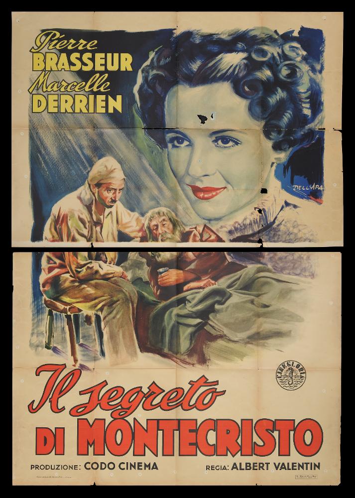 L'immagine riproduce uno dei manifesti conservati presso la Mediateca Regionale Pugliese (vedi Note). Si tratta di una delle versioni grafiche del manifesto di "Il segreto di Montecristo", film francese del 1948, a firma di Dell'Apa. Dell'artista non si hanno notizie, ma mostra un approccio stilistico originale, seppur descrittivo, ispirato ad altri artisti come Tarquini, Simbari, Casaro, che hanno fatto del colore il loro elemento distintivo. Splendido il ritratto femminile che si pone sullo sfondo, reso nelle tonalità del blu e acceso dal rosso sulle labbra. Un'immagine quasi onirica, a contrasto con la scena d'interni in cui la luce, che proviene dall'alto, disegna le figure e i protagonisti. Il manifesto originale è conservato in due parti, come si evince dalla ripr...