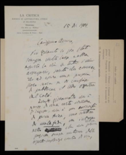 Rispondendo in merito alla proposta di pubblicazione di un volume dal titolo “Problemi e correnti del pensiero filosofico contemporaneo” di un non meglio identificato C., Benedetto Croce esprime a Giovanni Laterza il proprio parere negativo nei confronti dell'autore sconsigliando dunque di accettare. Comunicando poi l'inoltro di una missiva e la restituzione delle bozze del volume di David Hume, il filosofo prega l'editore barese di provvedere alle richieste contenute nella prima e di spedirgli le restanti bozze del volume. Infine Croce sollecita l'invio di alcune copie delle circolari pubblicitarie de “La Critica”.