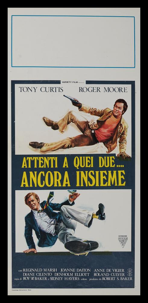 L'immagine riproduce uno dei manifesti conservati presso la Mediateca Regionale Pugliese (vedi Note). Si tratta della locandina del film inglese "Attenti a quei due... ancora insieme", a firma di Renato Casaro. Tra i maggiori rappresentanti della grafica e del manifesto del secondo dopoguerra e autodidatta, Casaro sviluppa una grande tecnica e raffinatezza formale sugli esempi più prestigiosi di altri pittori di cinema, primo tra tutti Cesselon, alla quale mescola linguaggi compositivi più innovativi (fotografico e grafico) anche usando tecniche e strumenti diversi, come l'aerografo. Per quest'opera, Casaro realizza una composizione leggera, incentrata sulle figure principali del film, gli attori Tony Curtis e Roger Moore, che sfruttano lo spazio della composizione e i ...