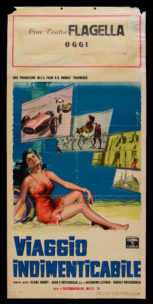 “Viaggio indimenticabile” (titolo originale “Flying Clipper” – “Traumreise unter weissen Segeln”) è un film di genere documentario del 1962, diretto da Herman Leitner e Rudolf Nussgruber, su sceneggiatura di Hans D. Bove, Arthur Elliott e Karl Hartl.
La locandina cinematografica è opera del celebre pittore di cinema Angelo Cesselon, considerato uno dei maestri più originali per il suo stile caratterizzato da composizioni innovative e da un cromatismo dinamico espresso a colpi di pennello e di spatola, influenzato anche dalla pittura dell’Ottocento. Nato a Venezia nel 1922, Cesselon unisce il linguaggio figurativo con l’astrattismo e la pop art. La composizione con la figura femminile in primo piano e sullo sfondo immagini di scene di viaggio enfatizza l’atmosfera dinami...