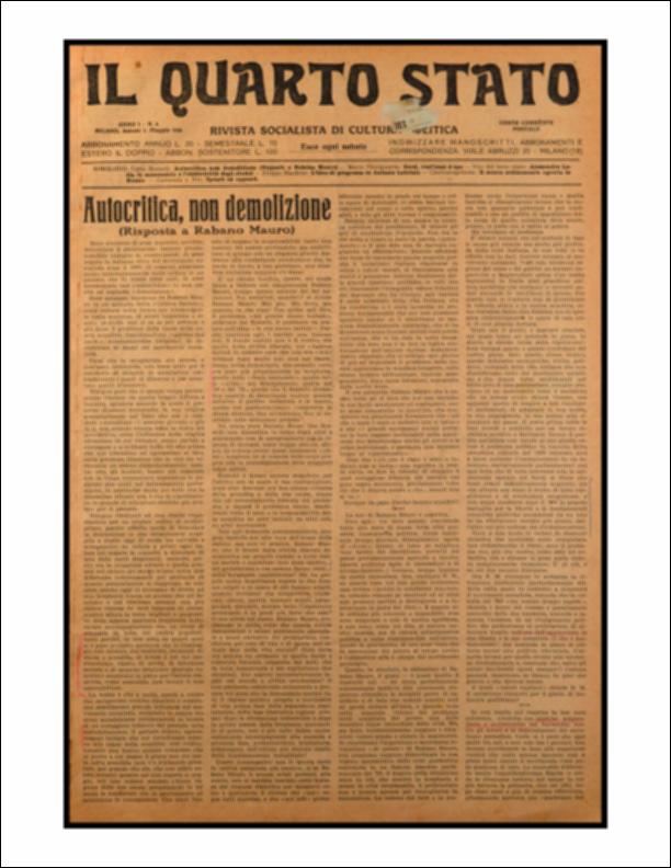 ll documento digitale è parte della collezione dell’emeroteca storica posseduta dall’Istituto pugliese per la storia dell’antifascismo e dell’Italia contemporanea di Bari (IPSAIC). Nello specifico la risorsa in oggetto riproduce il numero 6 del settimanale di attualità politica, fondato da Pietro Nenni e Carlo Rosselli, “Il Quarto Stato – Rivista socialista di cultura politica”, distribuito per un solo anno. All'interno del numero pubblicato il 1 maggio 1926, interessante è l'articolo "Sorel, vent'anni dopo" nel quale si rende noto che l'editore Laterza nel 1907 offriva al pubblico la traduzione italiana delle "Considerazioni sulla violenza" di Giorgio Sorel, filosofo e sociologo francese, teorico del sindacalismo rivoluzionario, che ebbe grande fortuna, anche perché ap...