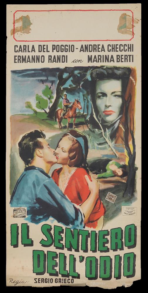 L'immagine riproduce uno dei manifesti conservati presso la Mediateca Regionale Pugliese (vedi Note). Si tratta della locandina del film "Il sentiero dell'odio", la cui composizione artistica è a firma di Manfredo Acerbo (Manfredo). Abruzzese di nascita, si forma a Roma all'Accademia di Belle Arti. La sua carriera lavorativa lo vede insegnante di pittura, grafico e illustratore per il cinema. Il suo stile si contraddistingue da un segno grafico espressionista, dall'accostamento del nero a colori accesi e da una composizione fatta di macchie e pennellate rapide, molto contemporanee, che certamente lo distingueranno dagli altri pittori di cinema, rendendolo inequivocabilmente riconoscibile. Le forme delle figure e dei personaggi sono così, come in altri lavori, frammentat...