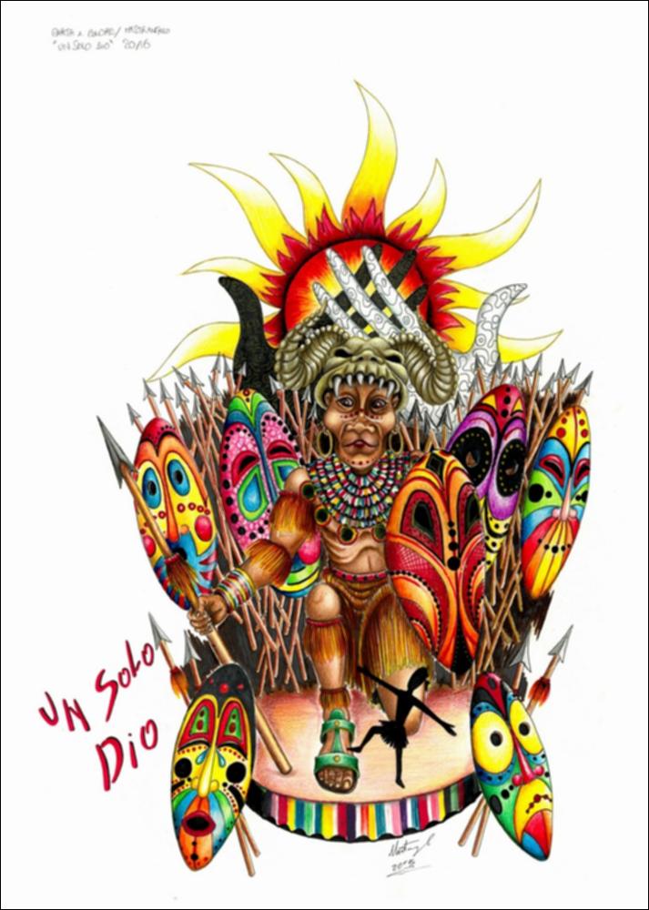 Il tema designato dalla Fondazione Carnevale di Putignano per l’edizione 2016 e che ha ispirato i maestri cartapestai nella realizzazione dei bozzetti è la “diversità. La “diversità” come ossimoro dell’esistenza, come valore, risorsa e diritto.
Il coloratissimo bozzetto del carro allegorico “Un solo dio”, opera dell’Associazione "Carta & Colore", ci invita a riflettere sul tema della diversità come punto di forza e di unione. Il carro rappresenta uno scenario di guerra, vibrante e colorato, con al centro un grande guerriero africano pronto alla battaglia. Un grande sole sovrasta tutto ed è proprio nel suo centro che due mani di colore diverso si uniscono. Questa unione è l'invito ad abbandonare la battaglia, perché la vittoria sta nel sentirci uguali e figli di uno stes...