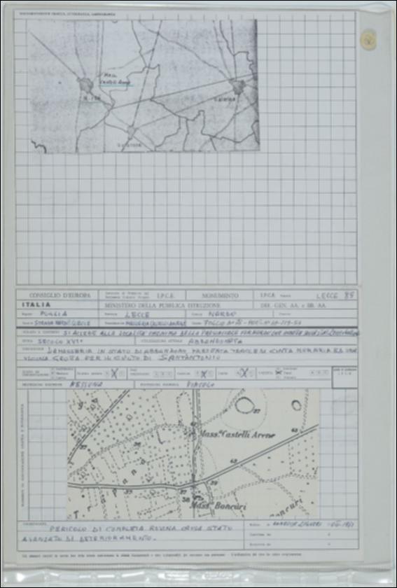 La scheda in oggetto è parte del volume “Censimento delle opere fortificate in Puglia”, risultato dell'attività promossa dalla Regione Puglia tra il 1981 e il 1982, per individuare e descrivere le principali costruzioni in muratura presenti nel territorio. Composta da un foglio sciolto, è redatta da Annelise Liguori nell'ottobre 1981. La masseria Castelli Arene è situata a Nardò in provincia di Lecce, in zona rurale. La masseria risale al XVI secolo e presenta tracce di cinta muraria ed un’antica grotta dedicata al culto di Sant’Antonio. Attualmente la masseria è in stato di abbandono.
