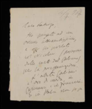 Nella lettera, Benedetto Croce propone a Laterza la pubblicazione di un volume di scritti dell'abate Ferdinando Galiani di cui assicura il successo, indicandogli anche le condizioni contrattuali per il curatore Fausto Nicolini e i possibili tempi occorrenti per la stampa. Allega una bozza di grafica del volume con le indicazioni sulle modalità di stampa.