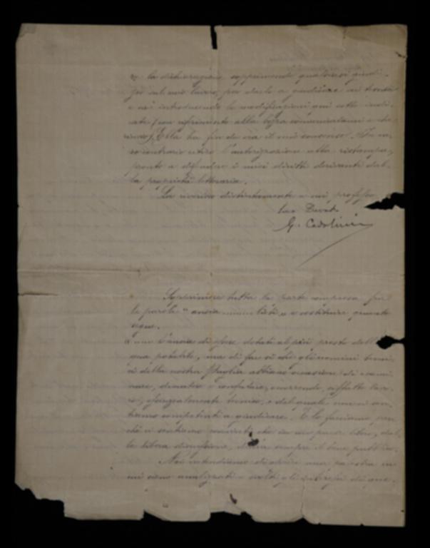 Nella lettera, Giovanni Francesco Cadolini chiede a Laterza un compenso per la riedizione ampliata dell'articolo, dichiarando che lo verserà in beneficenza agli asili infantili di Bari. Invia inoltre alcune correzioni da apporre al volume.