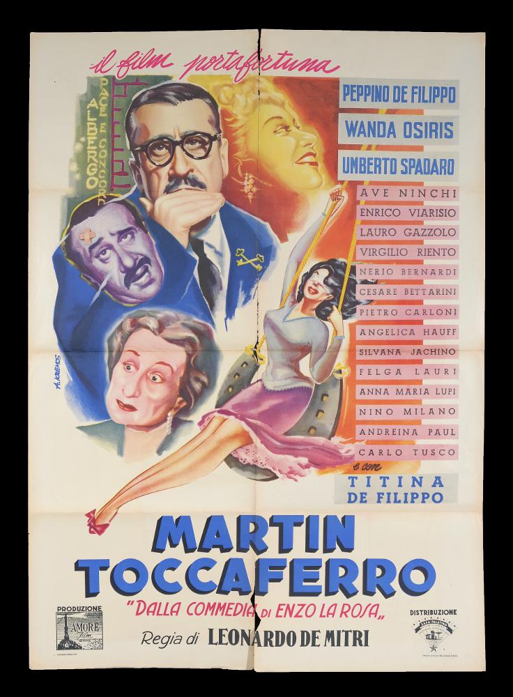 L'immagine riproduce uno dei manifesti conservati presso la Mediateca Regionale Pugliese (vedi Note). Si tratta di una delle versioni grafiche del manifesto del film "Martin Toccaferro", a firma di Niso Ramponi (Kremos). Nome d'arte di Niso Ramponi, Kremos fu un disegnatore dalle qualità eccezionali; seppe contraddistinguersi per il suo stile fumettistico che esaltava la donna, con forme sensuali volutamente accentuate, in pieno stile pin-up. Non a caso, fu ironicamente soprannominato il "Sovrano di donnine" de Il Travaso, uno dei più popolari giornali umoristici italiani del Novecento. La collaborazione con il giornale iniziò nel 1948 e le sue figure femminili in copertina portarono ad un aumento notevole delle tirature. Riconoscibili e bellissime, le donne di Kremos s...