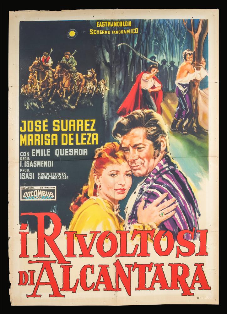 L'immagine riproduce uno dei manifesti conservati presso la Mediateca Regionale Pugliese (vedi Note). Si tratta di una delle versioni grafiche per il manifesto del film “I rivoltosi di Alcantara” del 1960 per la regia di Antonio Isasi-Isasmendi. La composizione risulta molto ricca per le scene narrative inserite e descritte in maniera dettagliata. Su uno sfondo scuro e cupo, l'atmosfera notturna circonda sul lato sinistro un gruppo di uomini a cavallo, i primi due chiaramente riconoscibili e a seguire si intravedono i corpi dei cavalli sfumati, illuminati dalla una alta in cielo. Sulla destra la scena principale vede una tortura di un uomo legato ad un albero e sullo sfondo scuro, in monocromo sono rappresentati degli uomini incappucciati e ricoperti da un mantello. In ...