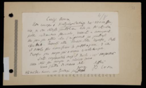 Nella cartolina, Benedetto Croce comunica a Giovanni Laterza di non conoscere il volume "Nietzsche Vorträge" di E. Horneffer, di cui viene proposta un'edizione in italiano, e gli sconsiglia di accettare la pubblicazione, pure in traduzione italiana, del volume "The key to theosophy" di Helene P. Blavatsky. Croce esorta poi l'editore a dare seguito alle rimostranze nei confronti della cartiera Daelli.
