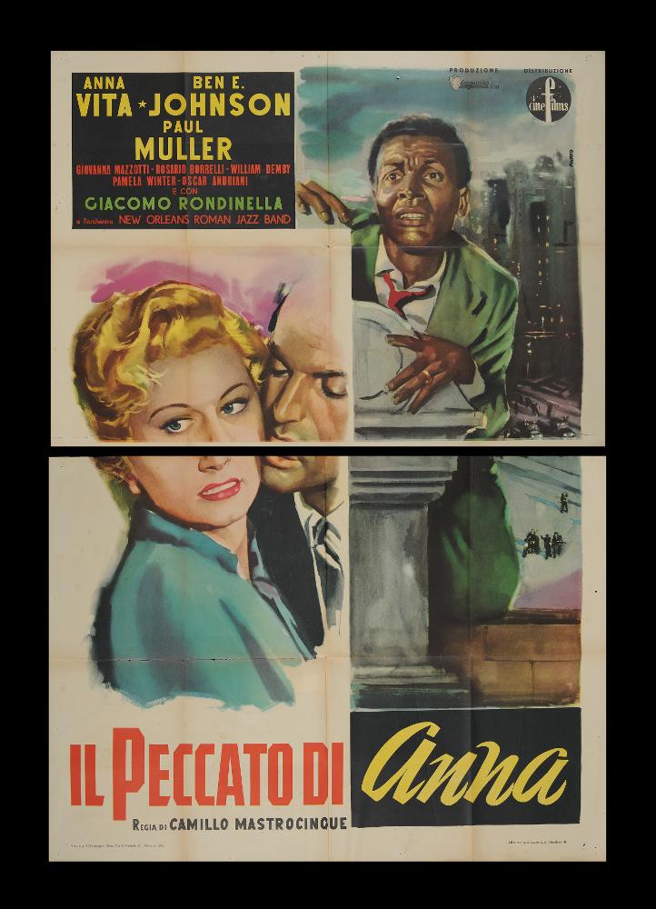 Il peccato di Anna è un film italiano del 1953, diretto da Camillo Mastrocinque (alias Thomas Miller), su sceneggiatura di Edoardo Anton, Camillo Mastrocinque e Anna Vita.
Tra i principali interpreti ricordiamo Anna Vita, Ben E. Johnson, Paul Muller.
Il manifesto cinematografico è opera del celebre pittore di cinema Dante Manno, artista romano classe 1911 che ha dedicato la sua carriera alla pittura di cinema, con il suo stile classico e la sua grafica moderna. Manno si specializza nell’uso dell’acquerello e della tempera, usa colori compatti e pastosi, ricreando ombre scure e drammatiche, come vediamo nei volti dei protagonisti ritratti in primo piano.
Il manifesto originale è conservato nell’Archivio della Mediateca Regionale Pugliese ed è costituito da due fogli sepa...