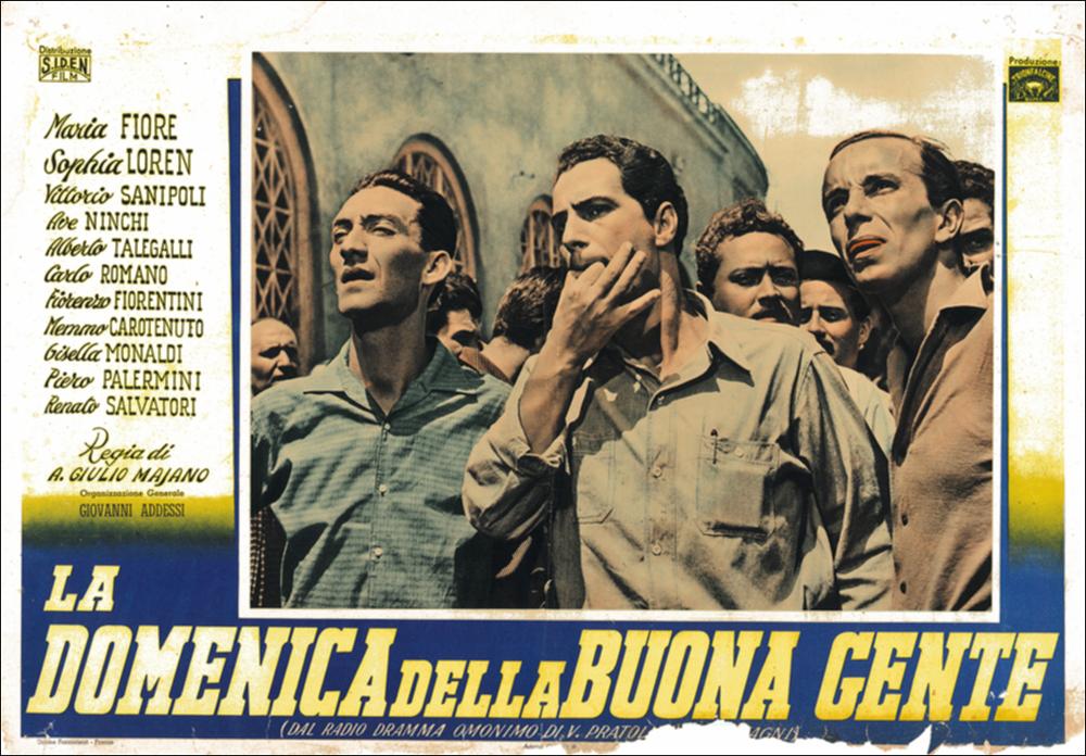L'immagine digitale in oggetto riproduce la fotobusta originale del film "La domenica della buona gente", elaborata in occasione della mostra "Riccardo Cucciolla - Ritratto d'Attore" organizzata nel 2012 dall'Associazione culturale “Attraverso lo Spettacolo”, dall'Assessorato al Mediterraneo, Cultura e Turismo della Regione Puglia e dal Servizio Biblioteca e Comunicazione Istituzionale del Consiglio Regionale della Puglia. Il film, diretto da Anton Giulio Majano e uscito nelle sale nel 1953, è tratto dall'omonimo radio dramma Rai scritto da Vasco Pratolini e Giandomenico Giagni. Il film, girato nell'estate del 1952 negli studi della Titanus della Farnesina di Roma, racconta le vicissitudini di tre personaggi ognuno con la propria vita; tre diverse storie che si intrecce...