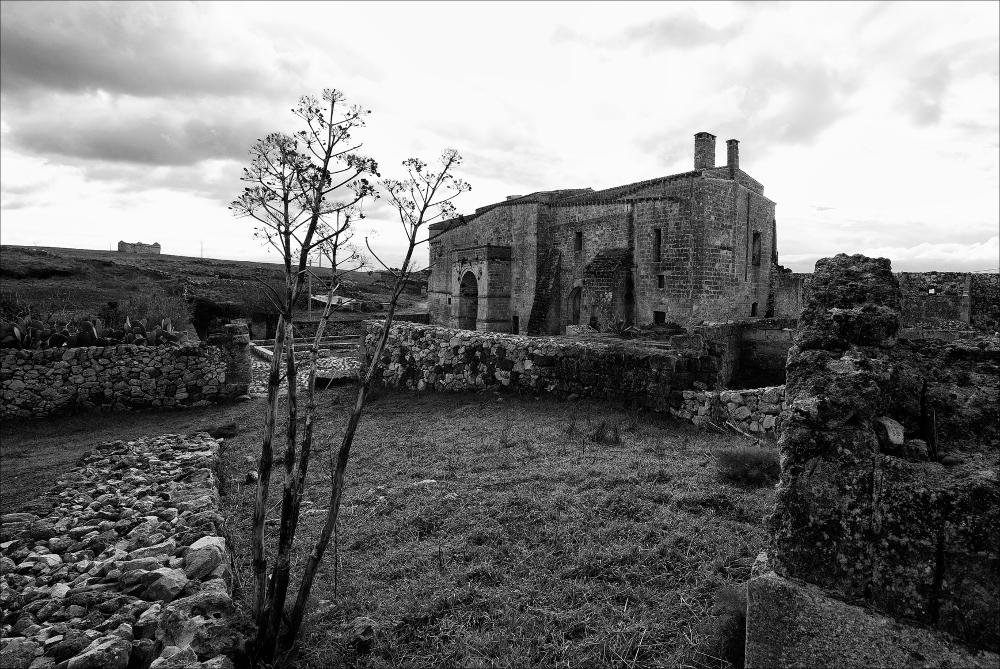 La fotografia è parte di una più ampia raccolta di fotografie realizzate per il progetto di censimento di 248 masserie pugliesi avviato da Giancarlo Chielli, professore del corso in Beni Culturali e Ambientali presso l'Accademia di Belle Arti di Bari. Il lavoro svolto ha dato vita al volume “Le masserie di Puglia come Bene Culturale” in cui sono presenti alcuni scatti di masserie pugliesi tra cui quella in oggetto. L'immagine è un'affascinante panoramica di Masseria Jesce, che l'autore ha generato in bianco e nero e successivamente post prodotto. L'opera fotografica riprende evidenzia la linearità di forme del corpo a blocco rettangolare, la cui chiarezza strutturale e l'imponenza di una fortezza denotano lo scopo difensivo della struttura. Una estetica essenziale che c...