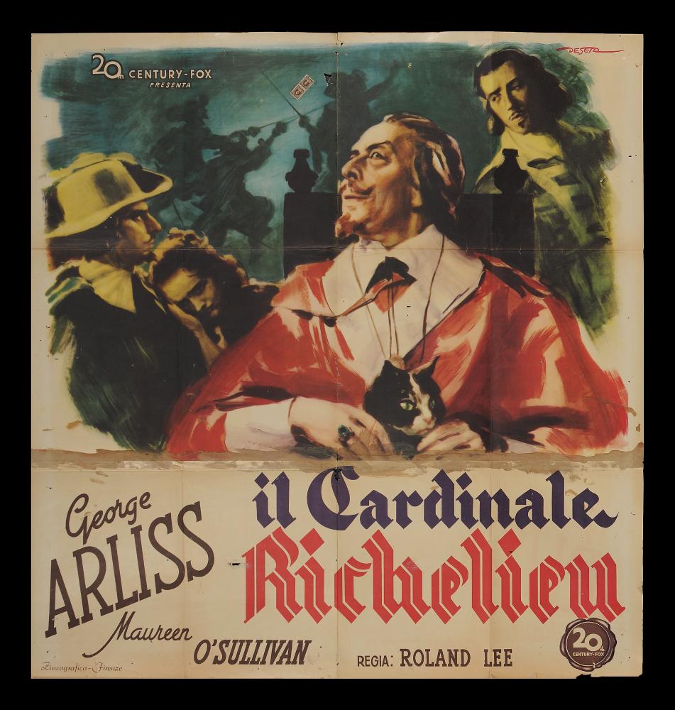 L'immagine riproduce uno dei manifesti conservati presso la Mediateca Regionale Pugliese (vedi Note). Si tratta del manifesto del film americano “Il Cardinale Richelieu” del 1935 per la regia di Rowland V. Lee. In alto a destra su questo manifesto dal formato insolito (120x120) leggiamo la firma di Deseta (Enrico De Seta), disegnatore e pittore italiano, noto come fumettista per giornali satirico-umoristici e periodici per ragazzi e soprattutto per la sua produzione di illustrazioni cinematografiche. La composizione pittorica valorizza la drammaticità delle scene e delle singole figure, attraverso l’uso dei colori scusi sullo sfondo e a tratti più chiari man mano ci si avvicina al punto più illuminato: il centro, la figura del cardinale Richelieu. Artista poliedrico, De...