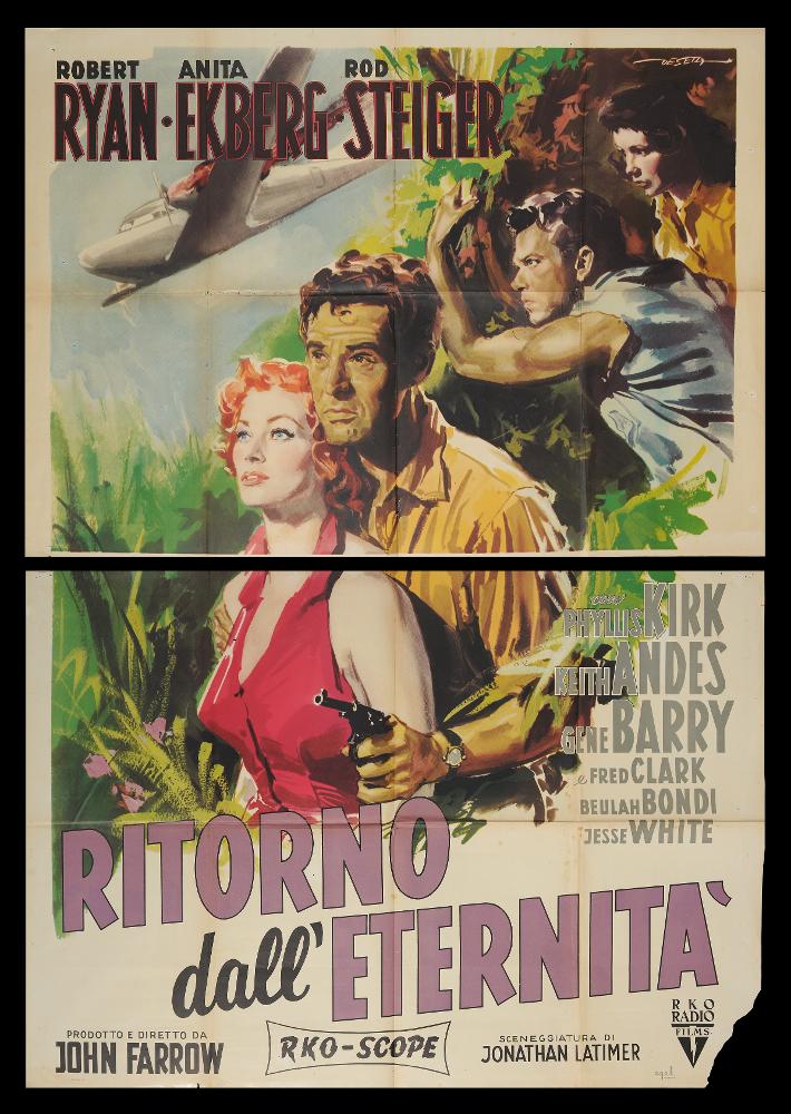 L'immagine riproduce uno dei manifesti conservati presso la Mediateca Regionale Pugliese (vedi Note). Si tratta del manifesto del film "Ritorno dall'eternità", a firma di Deseta (Enrico De Seta), disegnatore e pittore italiano, noto come fumettista per giornali satirico-umoristici e periodici per ragazzi e soprattutto per la sua produzione di illustrazioni cinematografiche. La sua vena umoristica seppe caratterizzare molte sue opere, ma Deseta ne realizzò anche per film drammatici o western. La composizione si caratterizza per una pittura fatta di pennellate fluide e larghe, quasi espressioniste, pochi colori netti e un taglio compositivo insolito, fotografico, che mette in evidenza i due protagonisti in primo piano in un'atmosfera esotica che nasconde drammaticità e mi...
