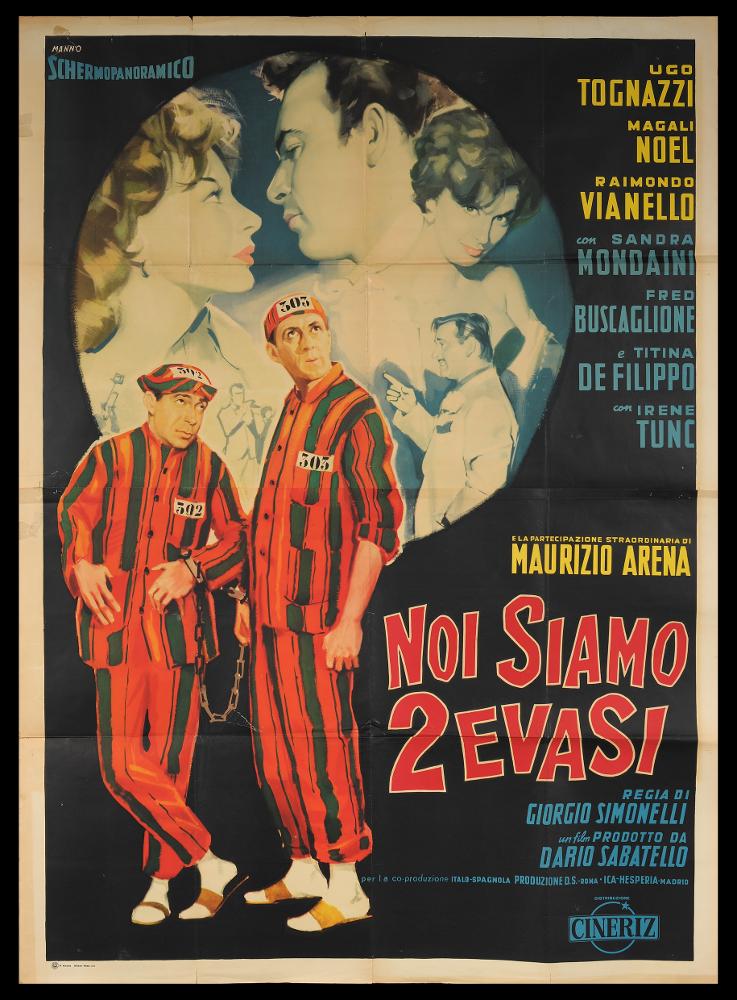 L'immagine riproduce uno dei manifesti conservati presso la Mediateca Regionale Pugliese (vedi Note). Si tratta del manifesto del film "Noi siamo due evasi", a firma di Manno (Dante Manno). Formatosi all'Accademia di Belle Arti, dove fu allievo di Duilio Cambellotti, è stato un grande pittore di cinema. Questo influenzerà la sua carriera, dedicandosi totalmente a quest'arte, sua grande passione fino alla crisi degli anni '70. L'uso degli acquerelli e della tempera, di colori compatti e pastosi rendono le sue figure ben definite e morbide, unendo un certo stile classico e accademico ad una grafica moderna. Manno, come molti altri pittori dell'epoca dediti alla pittura per manifesti, si fece interprete del filone Neorealista dei film anni '40 e '50, realizzando composizio...