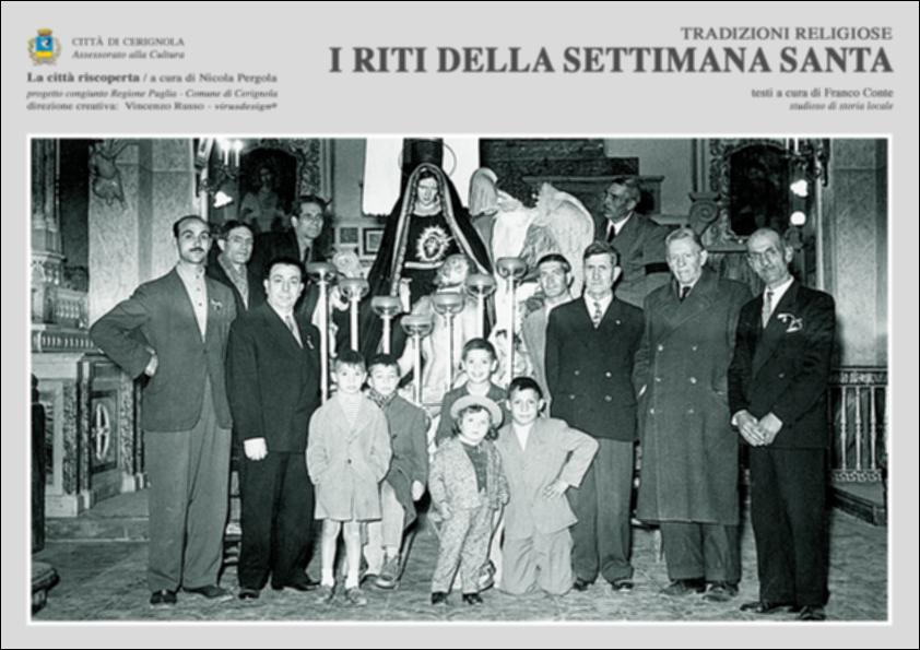 La pubblicazione digitale fa parte della raccolta "La città riscoperta", risultato di un progetto congiunto fra Regione Puglia e Comune di Cerignola. A cura di Nicola Pergola e per la direzione artistica di Vincenzo Russo, i contributi editoriali hanno come scopo la valorizzazione del comune foggiano, situato nella valle dell'Ofanto, a partire dal racconto delle sue storie, delle sue tradizioni e dei suoi personaggi illustri. Ne "I riti della Settimana Santa" si ripercorrono in breve le ritualità folcloristiche tipiche della Settimana Santa vissuta a Cerignola. Il Mercoledì delle Ceneri dà il via al periodo quaresimale, al quale segue cronologicamente la Domenica delle Palme. L'autore ricorda che a questa domenica era legato il proverbio "Palma mbosse, gregna grosse" ch...