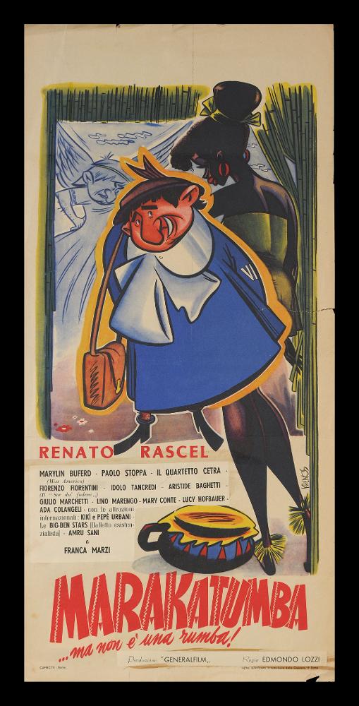 L'immagine riproduce uno dei manifesti conservati presso la Mediateca Regionale Pugliese (vedi Note). Si tratta di una delle locandine del film “Marakatumba, ma non è una rumba...!” del 1949 per la regia di Edmondo Lozzi, a firma dell’illustratore Kremos. Nome d'arte di Niso Ramponi, fu un disegnatore dalle qualità eccezionali; seppe contraddistinguersi per il suo stile fumettistico che esaltava la donna, con forme sensuali volutamente accentuate, in pieno stile pin-up. Non a caso, fu ironicamente soprannominato il "Sovrano di donnine" de Il Travaso, uno dei più popolari giornali umoristici italiani del Novecento. La collaborazione con il giornale iniziò nel 1948 e le sue figure femminili in copertina portarono ad un aumento notevole delle tirature. Riconoscibili, le do...