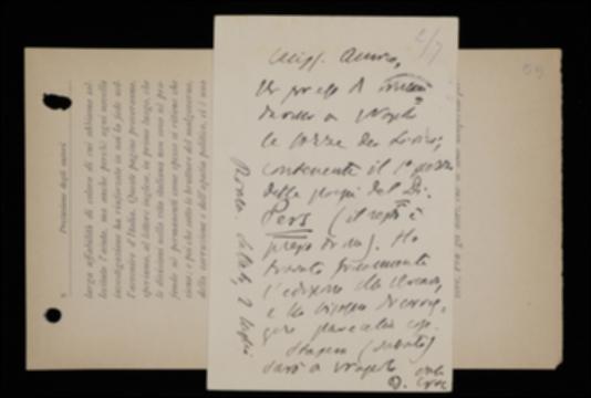 Nella cartolina, Benedetto Croce chiede a Giovanni Laterza di poter rivedere alcune bozze del suo volume sui lirici marinisti, precisamente una parte delle liriche di Ciro di Pers, dovendovi apportare molte correzioni in base ad un'edizione di quei componimenti finalmente rintracciata.