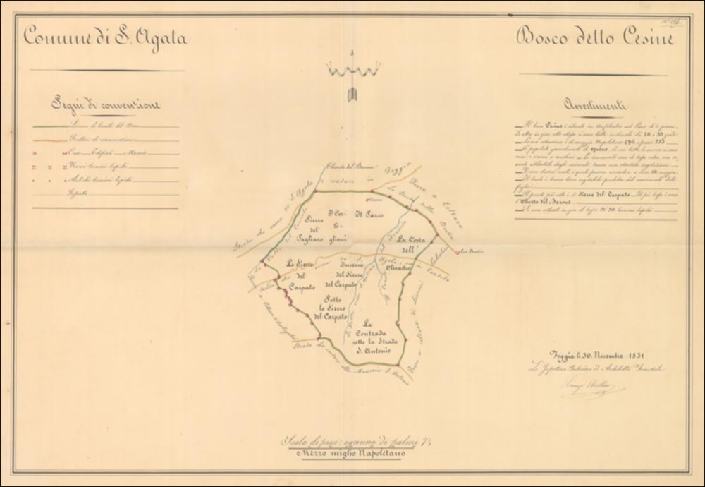 Trattasi di disegno a colori su carta datato 19 novembre 1831, redatto dall'ispettore interino e architetto forestale Lorenzo Avellino. Il documento cartografico, si sviluppa in senso longitudinale e risulta così ripartito: al centro la pianta del “Comune di S. Agata” che domina la composizione racchiusa, in alto dall'orientamento - rappresentato per mezzo di una freccia - a sinistra dal titolo, a cui succede la legenda, a destra dalla restante parte del titolo, a cui succedono gli “Avvertimenti” e la scritta certificante data ed autore, in basso la scala grafica. La simbologia è ridotta al minimo, il diverso colore delle linee ha il compito, nella raffigurazione, di individuare: la linea di limite del bosco in verde, tratturi di comunicazione in giallo, termini antichi...