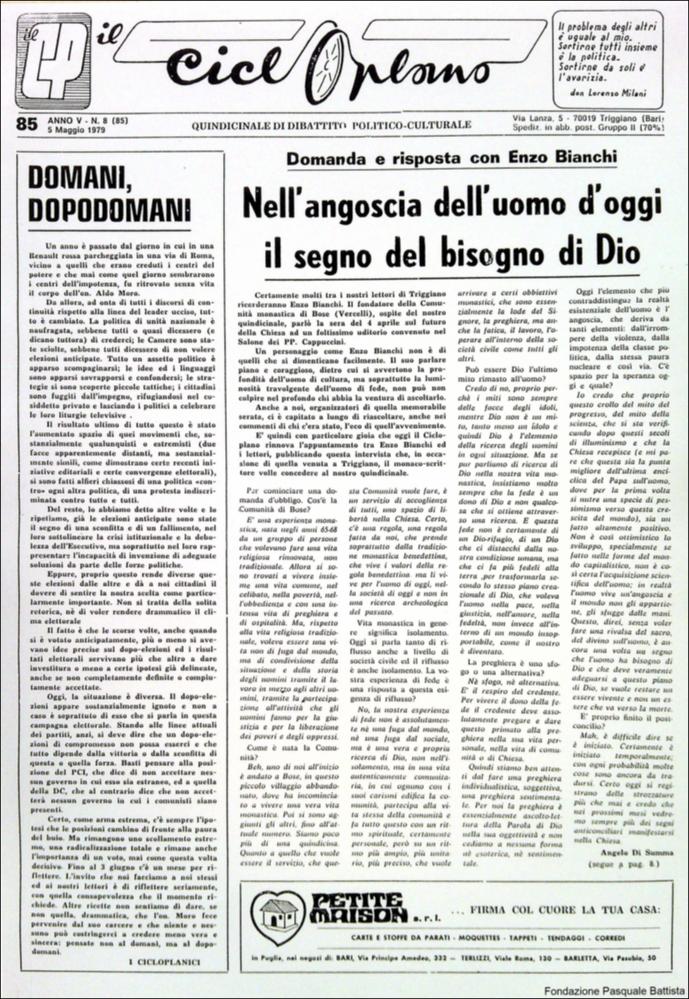 “Il Cicloplano” è un periodico della città di Triggiano (Ba), un quindicinale di dibattito politico-culturale e di cronaca locale e non solo dagli anni Settanta agli anni Ottanta.
La Fondazione Pasquale Battista si è occupata della digitalizzazione di alcuni numeri del suddetto periodico, allo scopo di conservare tale importante documentazione sulla storia di questa città.
La Fondazione, infatti, persegue la mission di incentivare la diffusione del patrimonio culturale locale e di diffondere le idee e la sensibilità dello storico Pasquale Battista, a cui la Fondazione è dedicata, per tramandare nel tempo il suo impegno sociale e la sua dedizione....