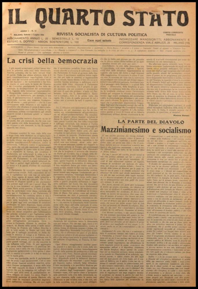 Il documento digitale è parte della collezione dell’emeroteca storica posseduta dall’Istituto pugliese per la storia dell’antifascismo e dell’Italia contemporanea di Bari (IPSAIC). Nello specifico la risorsa in oggetto riproduce il numero 15 del settimanale di attualità politica, fondato da Pietro Nenni e Carlo Rosselli, “Il Quarto Stato – Rivista socialista di cultura politica”, distribuito per un solo anno. Nel numero pubblicato il 3 luglio, tra i vari articoli dal contenuto politico, spicca un interessante articolo a firma di Don Ferrante, nome che ai più ricorderà lo pseudonimo utilizzato da Benedetto Croce per alcuni suoi scritti. Già dal titolo "La battaglia (e la crisi) del libro" si può notare l'assoluta modernità e attualità dell'argomento trattato: la crisi de...