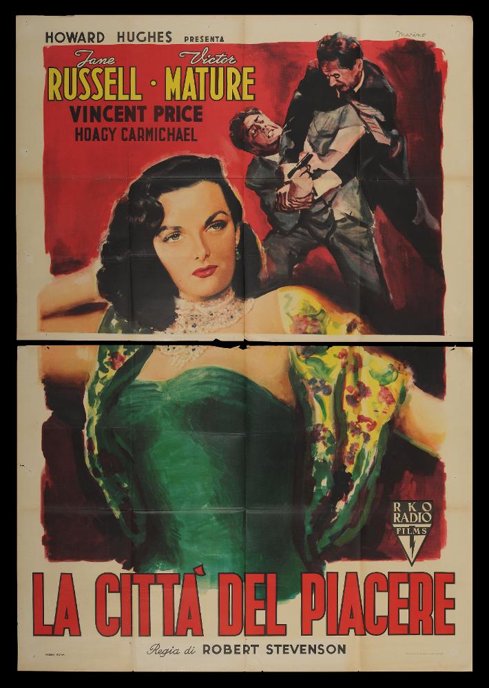 L'immagine riproduce uno dei manifesti conservati presso la Mediateca Regionale Pugliese (vedi Note). Si tratta di una delle versioni grafiche del manifesto del film “La città del piacere” del 1952 per la regia di Robert Stevenson a firma dell’illustratore Marino. In questo manifesto, su uno sfondo rosso, si distinguono due blocchi narrativi. In primo piano una bellissima Linda Rollins, sensuale nello sguardo e nella posa, è luminosa grazie anche ai colori utilizzati per il vestiario; sullo sfondo, in un angolo più buio, una scena di lotta fra due dei personaggi del film. Dell’autore Marino non si hanno notizie....