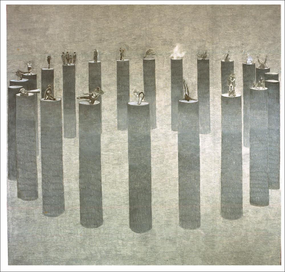 L'immagine digitale riproduce l'opera “Tele+grigio", pastelli ad olio su tela dell'artista pugliese Giuseppe Sylos Labini, realizzata nel 2001. L'artista, attivo sul panorama locale e nazionale dal 1972, è stato allievo del Prof. De Palma, assistente di Decorazione di Mimmo Conenna, diplomato all'Accademia di Belle Arti di Bari, della quale ha ricoperto il ruolo di Direttore. L'artista, in particolar modo nell'ultimo decennio, affronta il tema della solitudine nella moltitudine, ovvero la lontananza dell'individuo contemporaneo dal resto dei suoi simili. Molteplici e differenti sono le tipologie sociali raffigurate in questo dipinto: registi, calciatori, danzatori, musicisti, personaggi mutuati da celebri film, perfino opere d'arte famose e il Papa concorrono a rapprese...