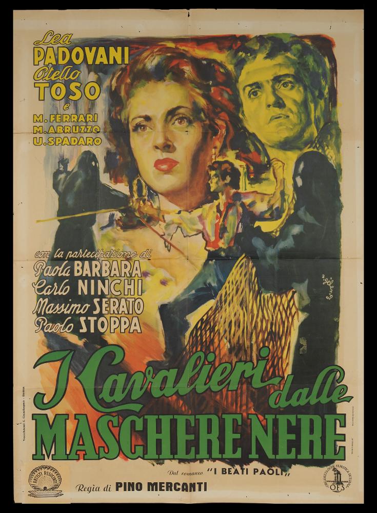 L'immagine riproduce uno dei manifesti conservati presso la Mediateca Regionale Pugliese (vedi Note). Si tratta di una delle versioni grafiche per il manifesto de "I cavalieri dalle maschere nere", film italiano degli anni ’40, a firma di Rinaldo Gèleng. Artista poliedrico ed eclettico, dopo gli studi d'arte, visse e lavorò per molti anni a Parigi, poi a Milano dove realizzò una serie di copertine per Mondadori e infine a Roma, dove realizzò alcuni manifesti per i film di Fellini. Il suo stile fresco e pittorico è fatto di pennellate liquide e sfumate, con spunti grafici originali, composizioni personali, in cui rivela la sua dote di ritrattista. Gèleng concepisce una composizione ricca di punti di osservazione, scene e personaggi, mescolati insieme dal gioco dei colori...