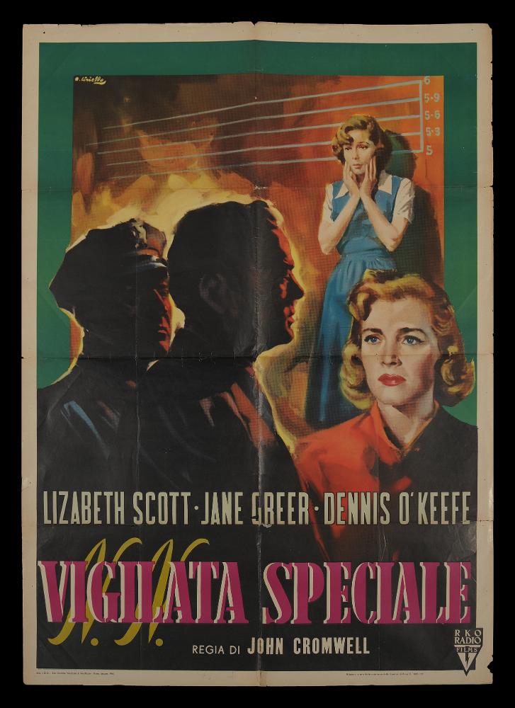L'immagine riproduce uno dei manifesti conservati presso la Mediateca Regionale Pugliese (vedi Note). Si tratta di uno dei manifesti del film “N.N. vietata speciale” del 1950 per la regia di John Cromwell. La composizione grafica è a firma dell’illustratore Averardo Ciriello (A. Ciriello), come si evince dalla firma in alto a destra. Il pittore sin dagli esordi mostrò un linguaggio elaborato e uno stile pittorico colto e maturo, sia nel ritratto che nelle scene narrative come si può ben notare in questo manifesto. Colpisce come a colori siano solo le figure femminili in primo e secondo piano, mentre i due uomini ritratti di profilo sono illuminati dall’esterno, dalla luce dello sfondo. Grande attenzione Ciriello riserva ai dettagli dei visi e delle espressioni di tutti ...