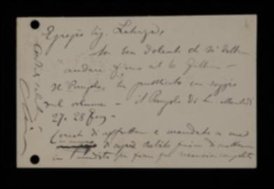 Nella cartolina, Pietro Chimienti lamenta il ritardo nell'uscita del volume e informa Laterza che un il quotidiano “Il Pungolo” ha pubblicato una recensione al volume. Conclude Lo sollecitando l'editore a inviargli, prima della vendita, alcune copie da mandare spedire ai giornali per le recensioni.