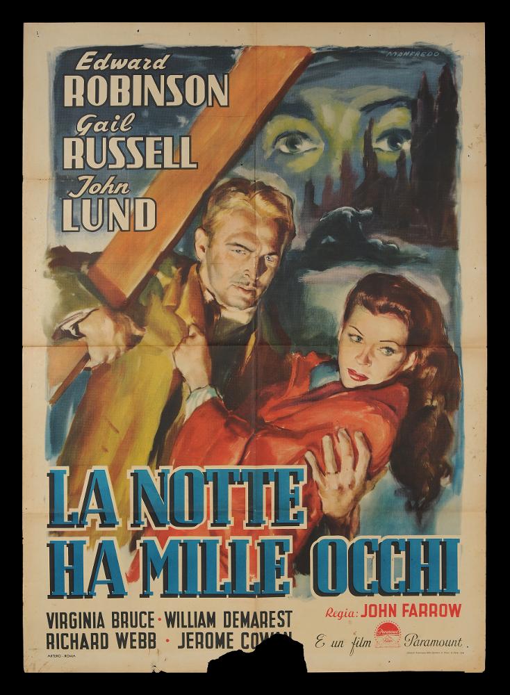 L'immagine riproduce uno dei manifesti conservati presso la Mediateca Regionale Pugliese (vedi Note). Si tratta di uno dei manifesti del film “La notte ha mille volti” del 1948 per la regia di John Farrow. La firma che leggiamo in alto a destra appartiene all’illustratore Acerbo Manfredo (Manfredo), abruzzese di nascita, formatosi all'Accademia di Belle Arti di Roma. La sua carriera lavorativa lo vede insegnante di pittura, grafico e illustratore per il cinema. Il suo stile è contraddistinto da un segno grafico espressionista, dall'accostamento del nero a colori accesi e da una composizione fatta di macchie e pennellate rapide, molto contemporanee, che certamente lo distingueranno dagli altri pittori di cinema, rendendolo inequivocabilmente riconoscibile. In primo piano...