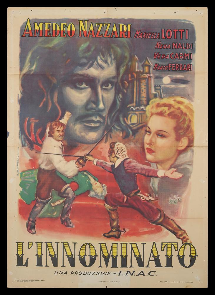 L'immagine riproduce uno dei manifesti conservati presso la Mediateca Regionale Pugliese (vedi Note). Si tratta del manifesto del film "Il cavaliere senza nome", (o "L'innominato") a firma di R. Mancinelli. Le poche notizie sull'autore lo descrivono un artista formatosi come illustratore di cartoline cinematografiche, che ha proseguito poi la carriera come illustratore di manifesti. La composizione che ammiriamo denota l'abilità artistica dell'autore, che fa uso di una pittura morbida e di colori brillanti e piuttosto netti per una impostazione dal taglio originale, fatto di più scene e rimandi ad architetture storiche che si fondono una nell'altra. Tutto ruota attorno al grande ritratto dai toni scuri di Amedeo Nazzari, nei panni di Bernardino Visconti, celebre persona...