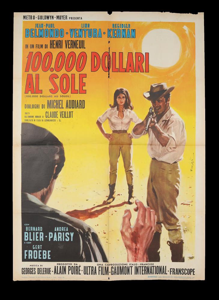 L'immagine riproduce uno dei manifesti conservati presso la Mediateca Regionale Pugliese (vedi Note). Si tratta di una delle versioni del manifesto del film "100.000 dollari al sole", a firma di Enzo Nistri. Pittore romano che realizzò migliaia di manifesti per il cinema, Nistri si contraddistinse per un linguaggio maturo, uno stile semplice ed elegante che "si presta a raccontare ogni storia" (Baroni, 2018). Molti suoi lavori infatti si riconoscono per il tratto raffinato, ma al tempo stesso dalla forte intensità costruttiva data anche da un sapiente uso dei colori netti e spesso contrastanti, che aiutano a ben difinire le figure e le scene descritte. Come per "Pattuglia d'assalto", qui in collezione, il giallo brillante della scena all'aperto caratterizza tutta la com...