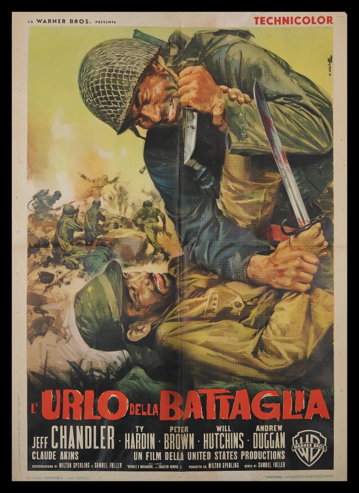 L'immagine riproduce uno dei manifesti conservati presso la Mediateca Regionale Pugliese (vedi Note). Ciriello firma il dipinto per il manifesto del film di guerra americano "L'urlo della battaglia". Pittore dal linguaggio elaborato e dallo stile pittorico colto e maturo, sia nel ritratto che nelle scene narrative, Ciriello seppe caratterizzare le sue opere con l'uso di sfumature volumetriche, tocchi di colore morbidi "emotivi", che denotano una comunicazione visiva chiara e coinvolgente. Si ricorda come tra i più importanti disegnatori per manifesti del cinema italiano. Iniziò a lavorare come pubblicitario presso l’agenzia 'Non plus ultra' a Milano e poi presso la 'Ima', la più grande agenzia di pubblicità in Italia. Il suo talento come disegnatore di arte figurativa l...
