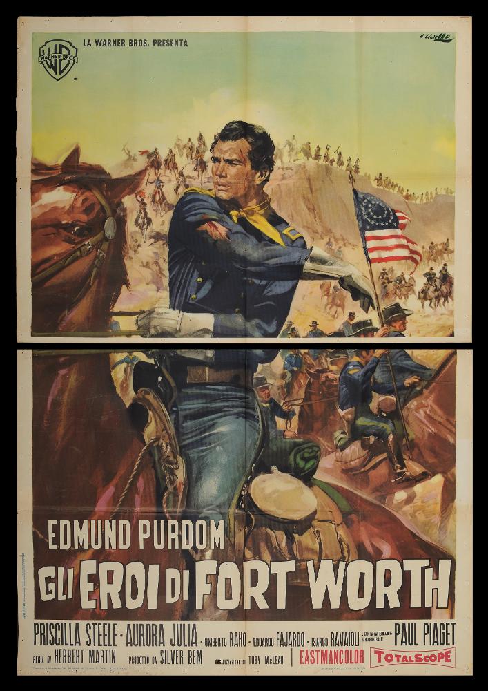 L'immagine riproduce uno dei manifesti conservati presso la Mediateca Regionale Pugliese (vedi Note). Si tratta, nello specifico di una delle versioni grafiche del manifesto del film “Gli eroi di Fort Worth”, del 1964 per la regia di Herbert Martin. L’illustratore del manifesto è Averardo Ciriello (A. Ciriello), come si evince dalla firma in alto a destra. Emerge in questa rappresentazione il suo tipico tratto pittorico, caratterizzato da un uso del colore in funzione simbolica e fortemente emotiva, con un’attenzione, quasi maniacale, per il dettaglio e le sfumature. Si vedano ad esempio i singoli elementi che caratterizzano il manifesto: in lontananza vi è un esercito che si incammina da una montagna per raggiungere la valle e, seppur rappresentato in piccole dimension...