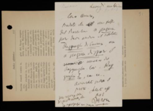 Nella cartolina, Benedetto Croce sollecita Giovanni Laterza a fare apportare una correzione all'impaginato del volume di Traiano Boccalini.