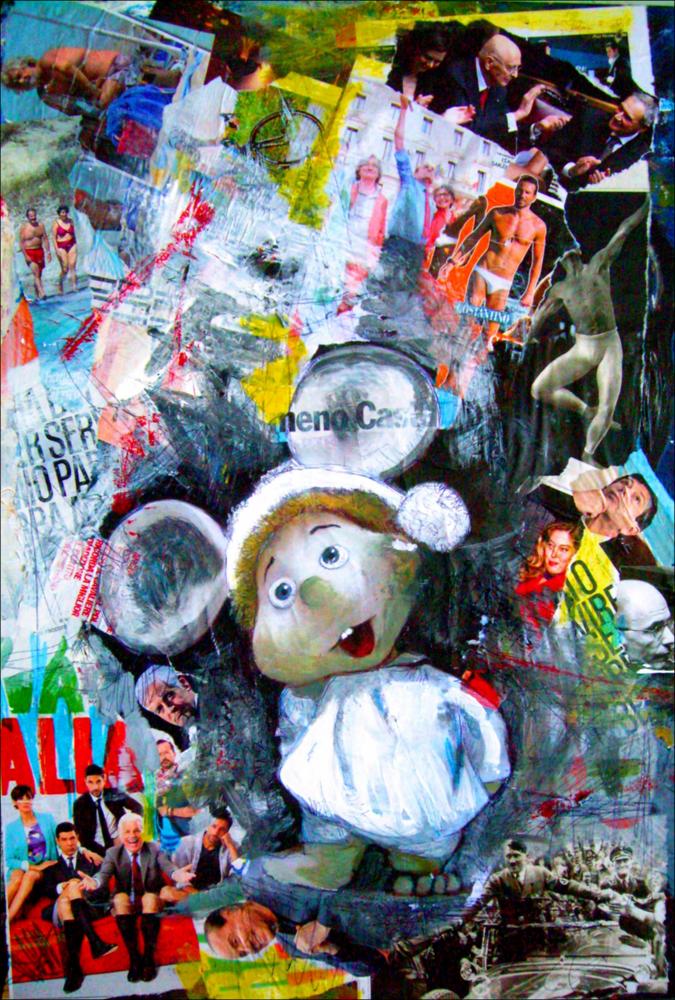 L'opera, riprodotta in formato digitale, è parte della serie “Étuttoungioco” del giovane artista pugliese Vincenzo Mascoli. Le opere di Mascoli seguono da anni il filone contemporaneo del neo-pop, per il quale l'artista si sta distinguendo non solo nel panorama artistico locale, ma anche nazionale. Nelle sue creazioni evidente è l'uso costante e convinto della tecnica mista, basata principalmente sulla commistione tra pittura e collage. La serie in oggetto è contraddistinta da giochi e personaggi legati al mondo dell'infanzia, che si contrappone al corrotto, cinico e violento mondo adulto, che Mascoli fa parlare tramite la moltitudine e il “caos” dei ritagli di giornali sullo sfondo: parole, lettere, personaggi della cronaca, della politica e del mondo dello spettacolo,...