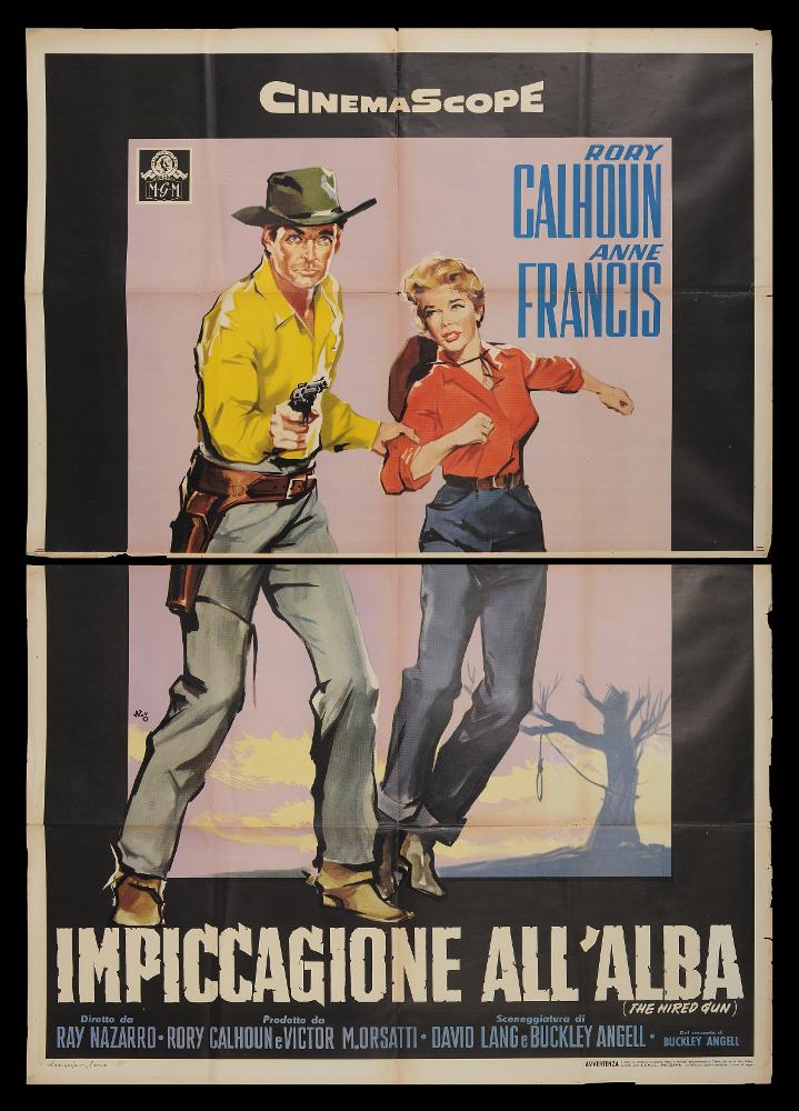 L'immagine riproduce uno dei manifesti conservati presso la Mediateca Regionale Pugliese (vedi Note). Si tratta di uno dei manifesti del film “Impiccagione all’alba” del 1957 per la regia di Ray Nazarro. Il manifesto, composto da due parti in quanto di grandi dimensioni (140x200), è a firma di Nano, nome d'arte di Silvano Campeggi, come si evince dalla firma in basso a sinistra. Illustratore e pittore di fama mondiale, allievo di Luigi Martinati, fu autore di alcuni tra i più bei manifesti del cinema italiano come 'Via col vento', 'Ben Hur e i suoi quattro cavalli bianchi' e 'Colazione da Tiffany'. Il suo linguaggio stilistico si basa sulla sintesi di forme e linee prediligendo campiture di colore ampie e nette per definire movimenti e figure dai volumi compatti. Le sue...