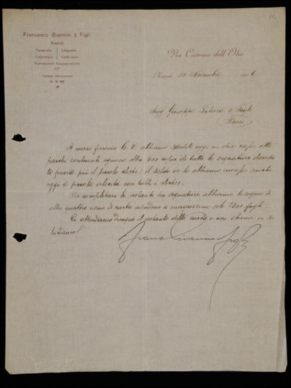 Nella lettera, il tipografo Francesco Giannini comunica a Laterza di avere spedito varie copie delle segnature del volume "Hellás" di Amatucci già stampate, nonché i cliché e il saldo. Sollecita l'invio di altra carta per poter procedere con la stampa delle restanti tre segnature.