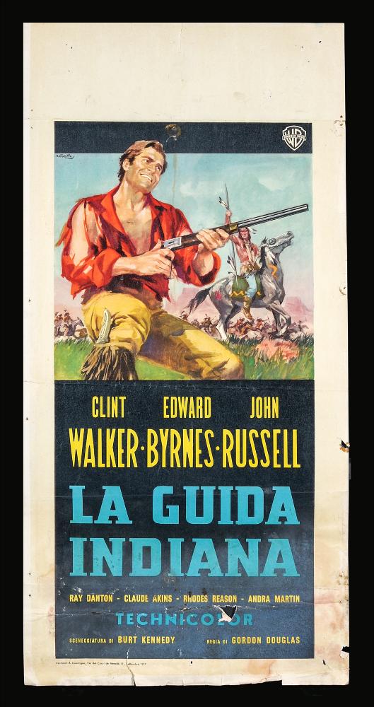 “La guida indiana” (titolo originale “Yellowstone Kelly”) è un film western del 1959 diretto da Gordon Douglas, ispirato all'omonimo romanzo del 1957. La sceneggiatura è firmata Burt Kennedy e Heck Allen.
Tra i principali interpreti ricordiamo Clint Walker, Edd Byrnes e John Russell.
La locandina cinematografica è firmata dal celebre pittore di cinema Averardo Ciriello, milanese classe 1918. Il suo stile pittorico è colto, maturo e raffinato sia nei ritratti sia nelle scene in cui il colore è utilizzato in tutte le sue gamme, conferendo all’immagine una dinamicità narrativa straordinaria.
La locandina originale è conservata nell’Archivio della Mediateca Regionale Pugliese....