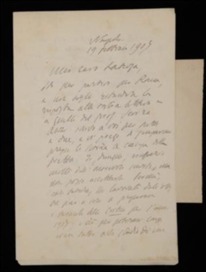 Nella lettera, Benedetto Croce comunica a Laterza la sua impossibilità di intervenire durante la commemorazione di Giuseppe Carducci a Bari a causa degli impegni di studio. Gli chiede poi il saldo del compenso fissato per un fascicolo del suo periodico.