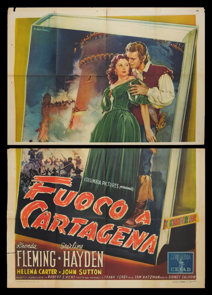 L'immagine riproduce uno dei manifesti conservati presso la Mediateca Regionale Pugliese (vedi Note). Si tratta di una delle versioni grafiche del manifesto del film "Fuoco a Cartagena", la cui illustrazione è a firma di Alfredo Capitani. Pittore di cinema del primo periodo, Capitani fondò uno studio nel 1919 per la realizzazione di manifesti pubblicitari e poi con Luigi Martinati una società per il lancio di pellicole cinematografiche. Il suo stile richiama quello di Ballester, con un uso di colori luminosi e sfumati con effetti di mirabile enfasi pittorica. Le sue rappresentazioni sono sempre originali, grazie all'uso di colori pieni arricchiti dalle loro variazioni tonali cangianti: si noti qui ad esempio (oltre alla rappresentazione pensata come la copertina di un l...