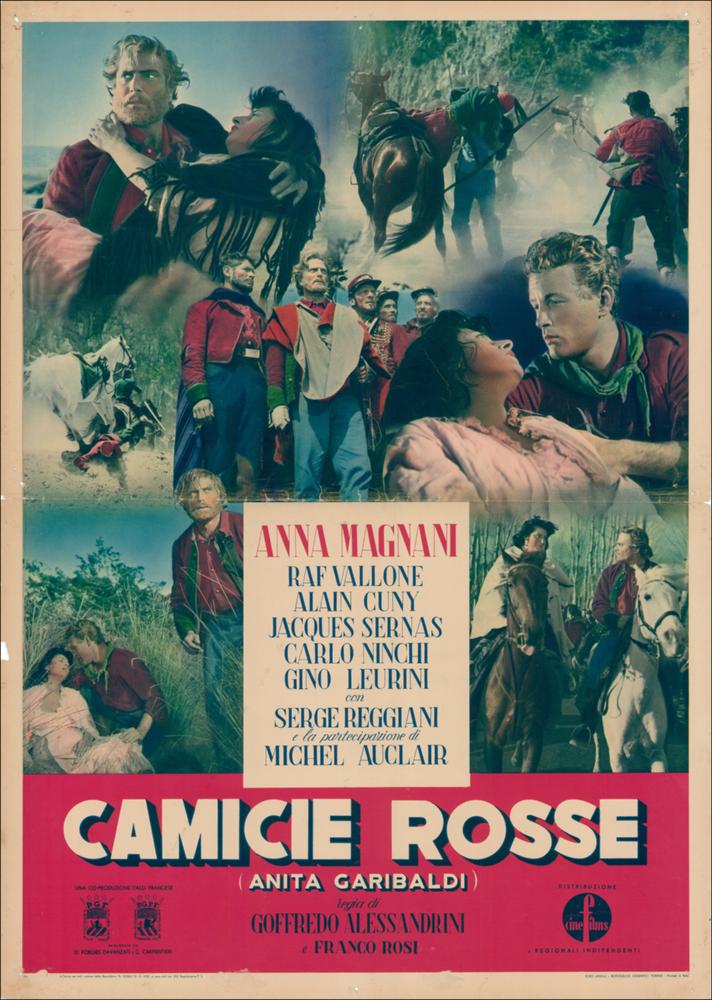 L'immagine digitale riproduce il manifesto cinematografico del film “Camicie rosse” elaborata in occasione della mostra "Cinema 150 anni. Mostra di manifesti cinematografici d'epoca sul Risorgimento". La mostra, allestita negli spazi della Mediateca Regionale di Bari, è stata realizzata nel 2011 dall'Ufficio Attività culturali e audiovisivi, afferente al Servizio Cultura e Spettacolo della Regione Puglia, in occasione delle celebrazioni dei 150 anni dell'Unità d'Italia. La locandina, realizzata nel 1952 per promuovere il film, si presenta carico di immagini a colori che ripropongono le scene salienti del film, espediente quest'ultimo usato in quegli anni per raccontare in breve il film e incuriosire il pubblico. Inoltre, la scelta di utilizzare un rosso scarlatto per de...