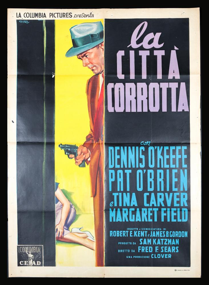 L'immagine riproduce uno dei manifesti conservati presso la Mediateca Regionale Pugliese (vedi Note). Si tratta di una delle versioni del manifesto del film americano "La città corrotta". Giuliano Nistri firma l'illustrazione pittorica dedicata, in cui concepisce una composizione raffinata sviluppata in verticale, molto accattivante, giocata tutta sui contrasti di colori e luci. Nistri è un pittore talentuoso, alla ricerca costante di composizioni intense, ma sempre nuove e d'impatto visivo. Le sue scene cupe e drammatiche, con chiaroscuri accentuati sono sempre stati la sua nota stilistica, come in questo caso. Arricchiscono il movimento della composizione il titolo e le informazioni del film, dal lettering pulito e lineare e dai colori accesi....