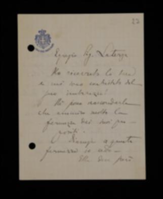 Nella lettera, Pietro Chimienti prende atto delle risoluzioni proposte da Laterza e le accetta, ponendo alcune condizioni. Affida, inoltre, all'editore la correzione della correzione nella trascrizione del nome Bismarck, nella prima edizione scritto senza "c".