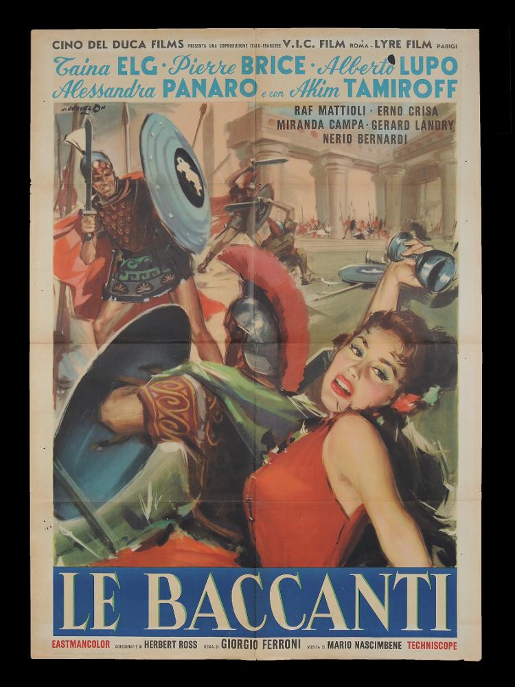 L'immagine riproduce uno dei manifesti conservati presso la Mediateca Regionale Pugliese (vedi Note). Si tratta del manifesto del film "Le baccanti", la cui composizione grafica è a firma del pittore veneto Angelo Cesselon. Considerato uno dei pittori di cinema più originali, Cesselon è contraddistinto da uno stile fatto di un cromatismo vibrante e dinamico. Nei suoi lavori per il grande schermo, ha sempre prediletto l'uso di tocchi sfumati e leggeri, con contrasti di colore forti e contemporanei. Ma è indubbio che Cesselon fu influenzato anche da una certa tradizione pittorica veneta, che guarda ad artisti come Tiziano e Tiepolo, fino a Giovanni Boldini, soprattutto nelle composizioni diagonali. Tutta la sua produzione, anche quella più tarda, privilegiò colori acquare...