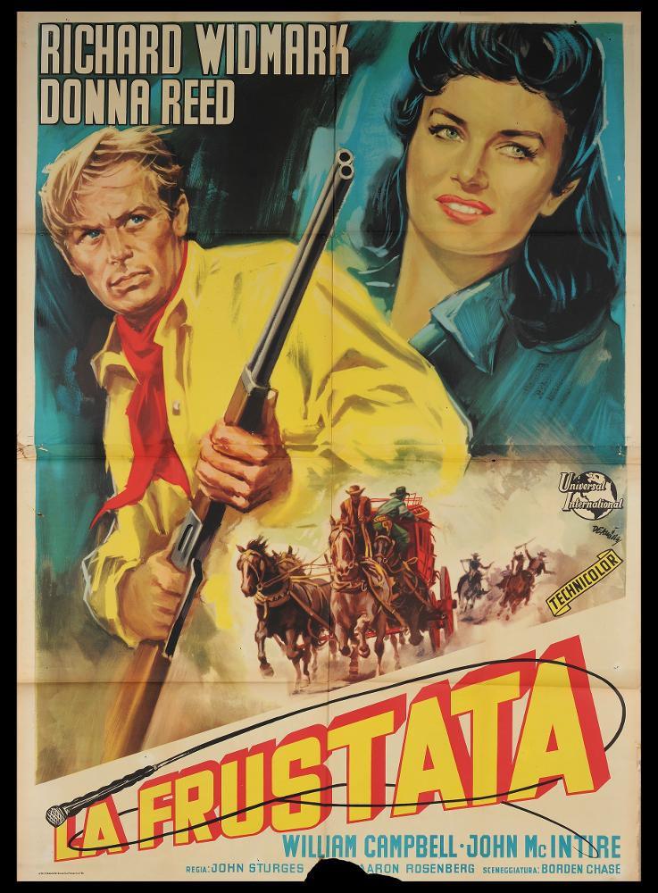 L'immagine riproduce uno dei manifesti conservati presso la Mediateca Regionale Pugliese (vedi Note). Si tratta di una delle versioni grafiche del manifesto del film “La frustata” del 1956, a firma di De Amicis (Aldo De Amicis) come si evince dalla firma sulla destra. Illustratore romano, ha iniziato la sua carriera come vignettista del periodico a fumetti “Il Vittorioso”, opportunità questa che gli permise una maturazione stilistica che lo rese più sicuro e pronto per il mondo della cartellonistica. Infatti, la composizione colpisce per la chiarezza narrativa, per i suoi colori intensi e a contrasto, per le pennellate rapide che mettono in evidenza i protagonisti Jim (Richard Widmark) e Karil (Donna Reed). L'insieme è piacevole e attraente per il fruitore, che viene co...