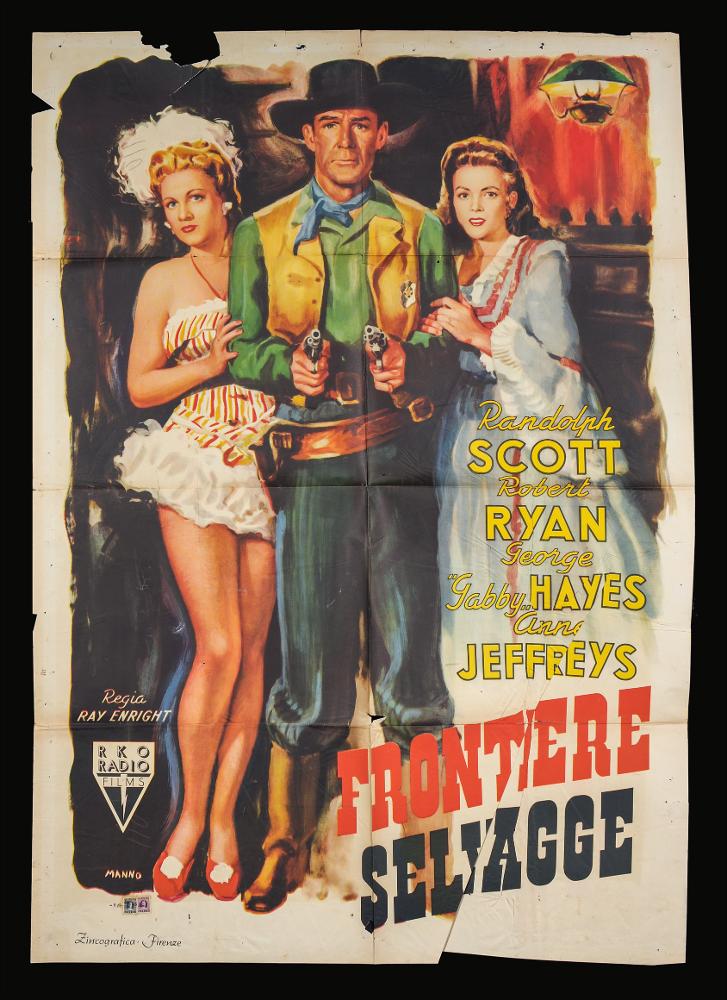 L'immagine riproduce uno dei manifesti conservati presso la Mediateca Regionale Pugliese (vedi Note). Si tratta del manifesto del film "Frontiere selvagge", la cui composizione pittorica è a firma di Manno (Dante Manno). Formatosi all'Accademia di Belle Arti, dove fu allievo di Duilio Cambellotti, è stato un grande pittore di cinema. Questo influenzerà la sua carriera, dedicandosi totalmente a quest'arte, sua grande passione fino alla crisi degli anni '70. L'uso degli acquerelli e della tempera, di colori compatti e pastosi rendono le sue figure ben definite e morbide, unendo un certo stile classico e accademico ad una grafica moderna. Manno, come molti altri pittori dell'epoca dediti alla pittura per manifesti, si fece interprete del filone Neorealista dei film anni '4...