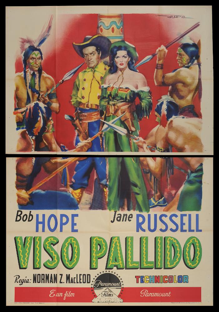 Viso pallido (The Paleface) è un film statunitense del 1948 diretto da Norman Z. McLeod.
Tra gli interpreti principali della commedia western ricordiamo Bob Hope e Jane Russell.
Il manifesto cinematografico è opera del celebre pittore di cinema Enrico De Seta, noto illustratore ed artista poliedrico, che curò circa 1500 manifesti. Il suo stile si caratterizza per la modernità, il disegno semplice e l'uso di colori acquerellati con pennellate fluide e larghe, quasi espressioniste.
Il manifesto originale è conservato nell’Archivio della Mediateca Regionale Pugliese ed è costituito da due fogli separati....