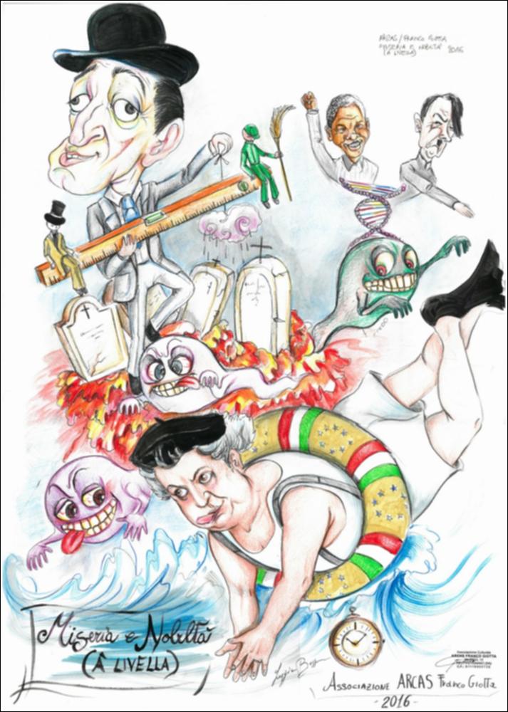 Il tema designato dalla Fondazione Carnevale di Putignano per l’edizione 2016 e che ha ispirato i maestri cartapestai nella realizzazione dei bozzetti è la “diversità. La “diversità” come ossimoro dell’esistenza, come valore, risorsa e diritto.
Il bozzetto del carro allegorico Miseria e Nobiltà (A' Livella), opera dell’Associazione ARCAS di Franco Giotta, rappresenta quella diversità che, da sempre, divide la società in ricchi e poveri. Una diversità che ha ispirato Totò nella scrittura della poesia “‘A livella” e che si annulla quando il netturbino viene sepolto accanto al marchese. Sul carro allegorico Totò porta in una mano una livella con il marchese e il netturbino, nell’altra la nuvola nera di Fantozzi. E il Fantozzi, che si affanna per restare a galla, rappresent...